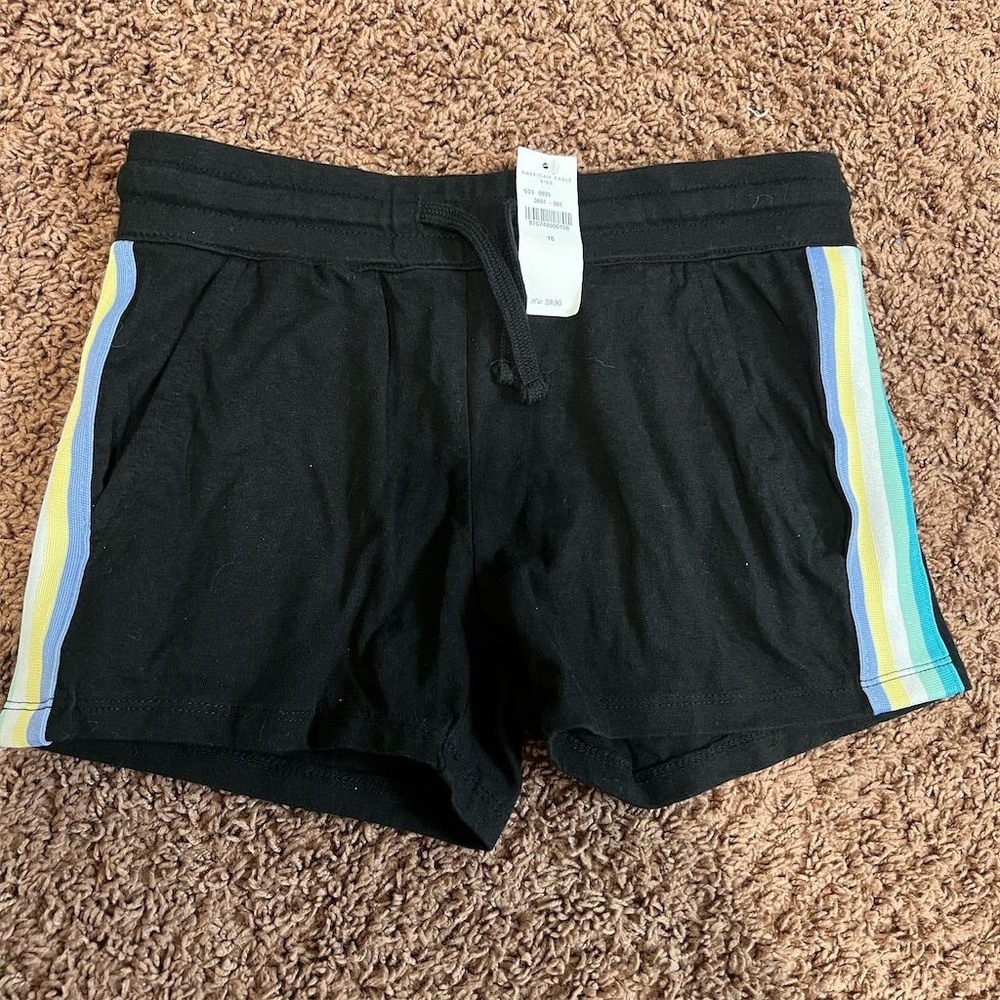 American Eagle Kids Girls Black Knit‎ Shorts Side Stripe Elastic Size 16 NWT
